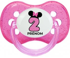 Disney Minnie Numéro 2 rose pois blancs papillon rose avec prénom : Rose à paillette Tétine embout cerise