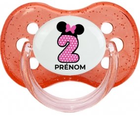 Disney Minnie Numéro 2 rose pois blancs papillon rose avec prénom : Rouge à paillette Tétine embout cerise