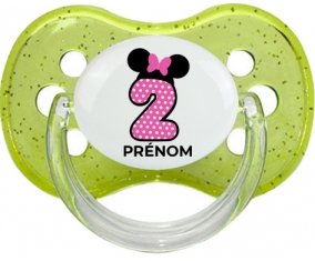 Disney Minnie Numéro 2 rose pois blancs papillon rose avec prénom : Vert à paillette Tétine embout cerise