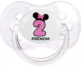 Disney Minnie Numéro 2 rose pois blancs papillon rose avec prénom : Transparent classique Tétine embout cerise