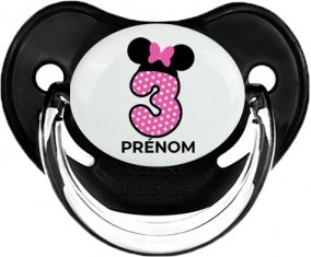 Disney Minnie Numéro 3 rose pois blancs papillon rose avec prénom : Noir classique Tétine embout physiologique