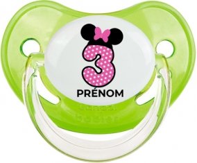 Disney Minnie Numéro 3 rose pois blancs papillon rose avec prénom : Vert classique Tétine embout physiologique