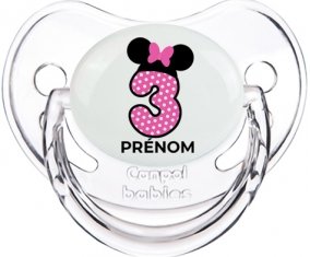 Disney Minnie Numéro 3 rose pois blancs papillon rose avec prénom : Transparent classique Tétine embout physiologique