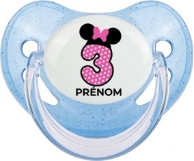 Disney Minnie Numéro 3 rose pois blancs papillon rose avec prénom : Bleue à paillette Tétine embout physiologique