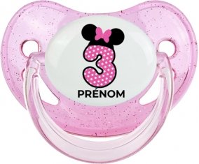 Disney Minnie Numéro 3 rose pois blancs papillon rose avec prénom : Rose à paillette Tétine embout physiologique
