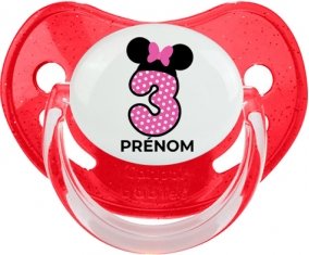 Disney Minnie Numéro 3 rose pois blancs papillon rose avec prénom : Rouge à paillette Tétine embout physiologique