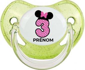 Disney Minnie Numéro 3 rose pois blancs papillon rose avec prénom : Vert à paillette Tétine embout physiologique