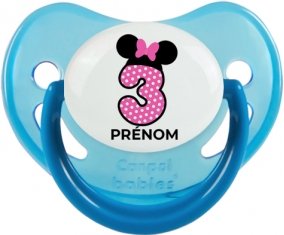 Disney Minnie Numéro 3 rose pois blancs papillon rose avec prénom : Bleue phosphorescente Tétine embout physiologique