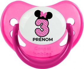 Disney Minnie Numéro 3 rose pois blancs papillon rose avec prénom : Rose phosphorescente Tétine embout physiologique