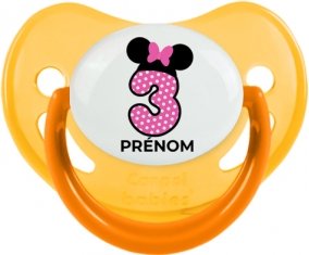 Disney Minnie Numéro 3 rose pois blancs papillon rose avec prénom : Jaune phosphorescente Tétine embout physiologique