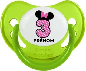 Disney Minnie Numéro 3 rose pois blancs papillon rose avec prénom : Vert phosphorescente Tétine embout physiologique