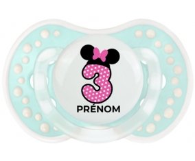 Disney Minnie Numéro 3 rose pois blancs papillon rose avec prénom : Retro-turquoise-lagon classique Tétine embout Lovi Dynamic