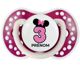 Disney Minnie Numéro 3 rose pois blancs papillon rose avec prénom : Fuchsia phosphorescente Tétine embout Lovi Dynamic