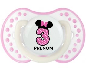 Disney Minnie Numéro 3 rose pois blancs papillon rose avec prénom : Blanc-rose phosphorescente Tétine embout Lovi Dynamic
