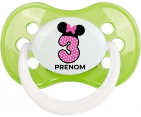 Disney Minnie Numéro 3 rose pois blancs papillon rose avec prénom : Vert classique Tétine embout anatomique