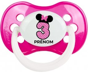Disney Minnie Numéro 3 rose pois blancs papillon rose avec prénom : Rose foncé classique Tétine embout anatomique
