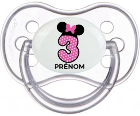 Disney Minnie Numéro 3 rose pois blancs papillon rose avec prénom : Transparente classique Tétine embout anatomique