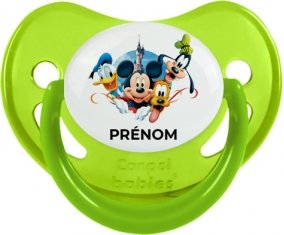 Disney Mickey donald pluto et bingo design 1 avec prénom : Vert phosphorescente Tétine embout physiologique