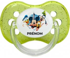 Disney Mickey donald pluto et bingo design 1 avec prénom : Vert à paillette Tétine embout cerise