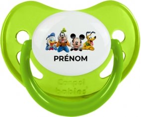 Disney Mickey donald pluto et bingo design 2 avec prénom : Vert phosphorescente Tétine embout physiologique