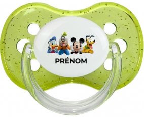 Disney Mickey donald pluto et bingo design 2 avec prénom : Vert à paillette Tétine embout cerise