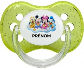 Disney Mickey donald pluto et bingo design 3 avec prénom : Vert à paillette Tétine embout cerise