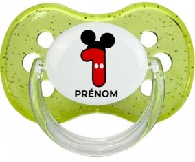 Disney Mickey Numéro 1 avec prénom : Vert à paillette Tétine embout cerise
