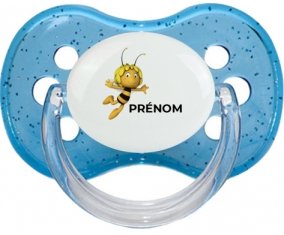 Maya l'abeille avec prénom : Bleu à paillette Tétine embout cerise