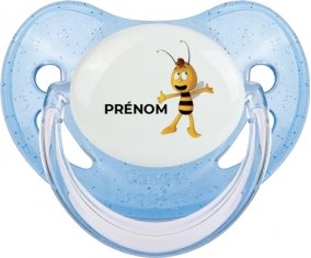 Willy l'abeille avec prénom : Bleue à paillette Tétine embout physiologique