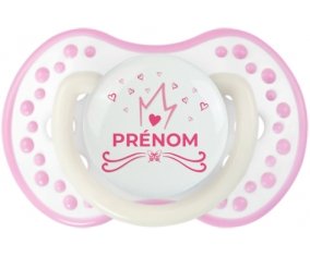 Couronne rose cœur design-1 avec prénom : Blanc-rose phosphorescente Tétine embout Lovi Dynamic