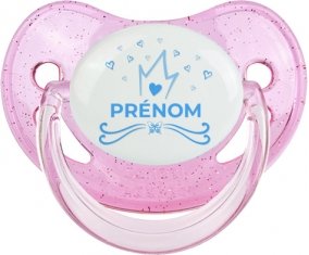 Couronne bleue cœur design-1 avec prénom : Rose à paillette Tétine embout physiologique