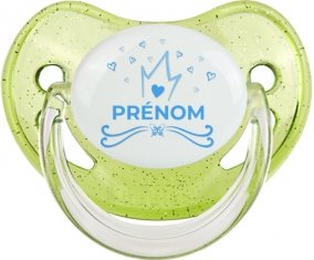 Couronne bleue cœur design-1 avec prénom : Vert à paillette Tétine embout physiologique