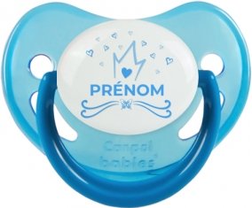 Couronne bleue cœur design-1 avec prénom : Bleue phosphorescente Tétine embout physiologique