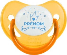 Couronne bleue cœur design-1 avec prénom : Jaune phosphorescente Tétine embout physiologique