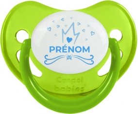 Couronne bleue cœur design-1 avec prénom : Vert phosphorescente Tétine embout physiologique
