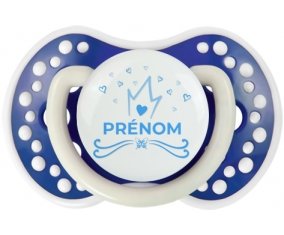Couronne bleue cœur design-1 avec prénom : Bleu-marine phosphorescente Tétine embout Lovi Dynamic