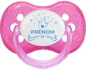 Couronne bleue cœur design-1 avec prénom : Rose à paillette Tétine embout cerise
