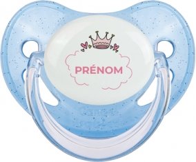 Couronne rose bulle cœur avec prénom : Bleue à paillette Tétine embout physiologique