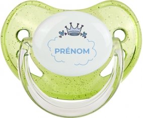 Couronne bleue bulle cœur avec prénom : Vert à paillette Tétine embout physiologique