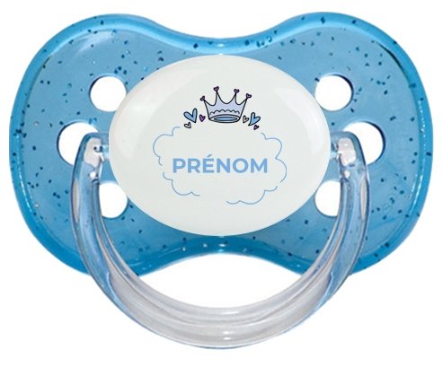 Couronne bleue bulle cœur avec prénom : Bleu à paillette Tétine embout cerise