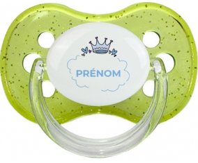 Couronne bleue bulle cœur avec prénom : Vert à paillette Tétine embout cerise