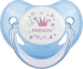 Couronne rose cœur design-2 avec prénom : Bleue à paillette Tétine embout physiologique
