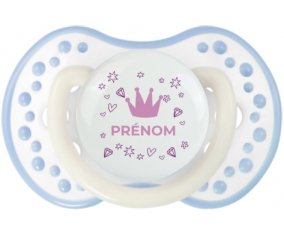 Couronne rose cœur design-2 avec prénom : Blanc-cyan classique Tétine embout Lovi Dynamic