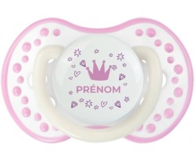 Couronne rose cœur design-2 avec prénom : Blanc-rose phosphorescente Tétine embout Lovi Dynamic
