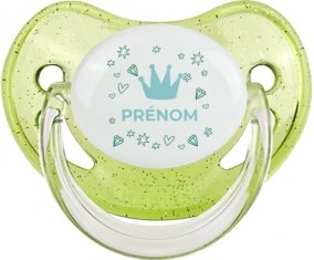 Couronne bleue cœur design-2 avec prénom : Vert à paillette Tétine embout physiologique
