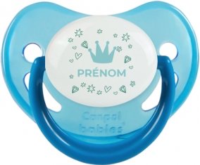 Couronne bleue cœur design-2 avec prénom : Bleue phosphorescente Tétine embout physiologique