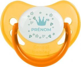 Couronne bleue cœur design-2 avec prénom : Jaune phosphorescente Tétine embout physiologique