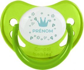 Couronne bleue cœur design-2 avec prénom : Vert phosphorescente Tétine embout physiologique