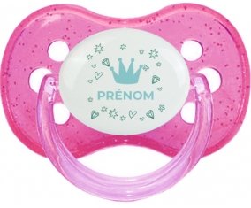Couronne bleue cœur design-2 avec prénom : Rose à paillette Tétine embout cerise
