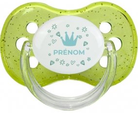 Couronne bleue cœur design-2 avec prénom : Vert à paillette Tétine embout cerise